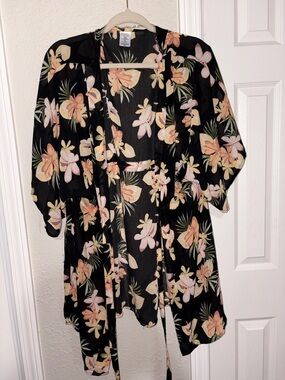 No Boundaries Black Floral Kimono Cardigan with Peach and Cream Flowers